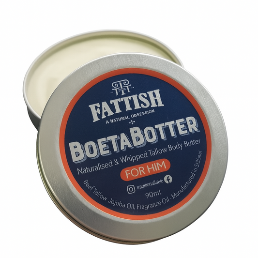 Tin of Fattish BoetaBotter body butter for men on a white background