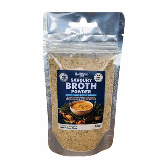 Packaging of Traditional Blends Savoury Broth Powder on a white background