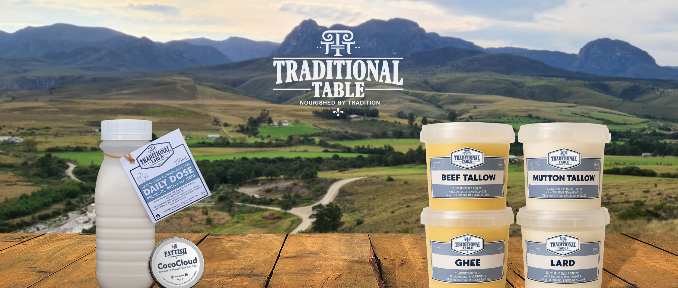 Traditional Table products including butter, lard, and tallow with a scenic background.